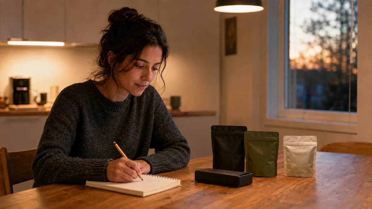 Adult shopper makes notes while comparing three discreet delivery packages at a kitchen table.