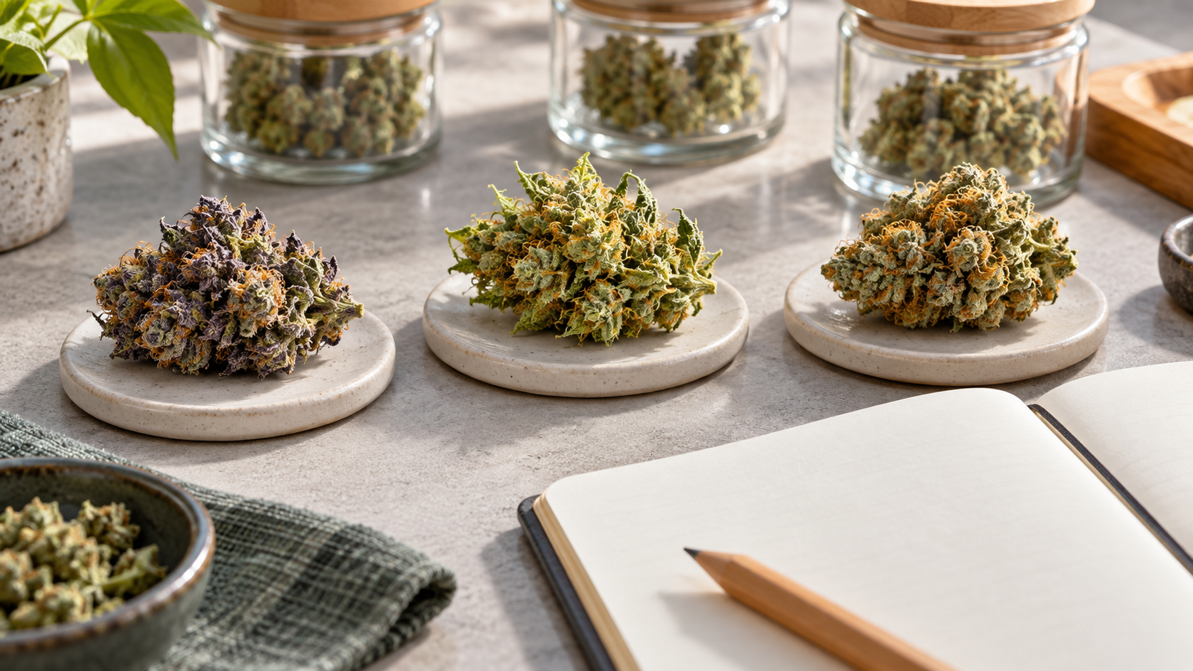 Three cannabis flower samples on ceramic tiles beside a blank notebook.