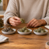 Adult shopper compares three cannabis flower samples at a kitchen table.