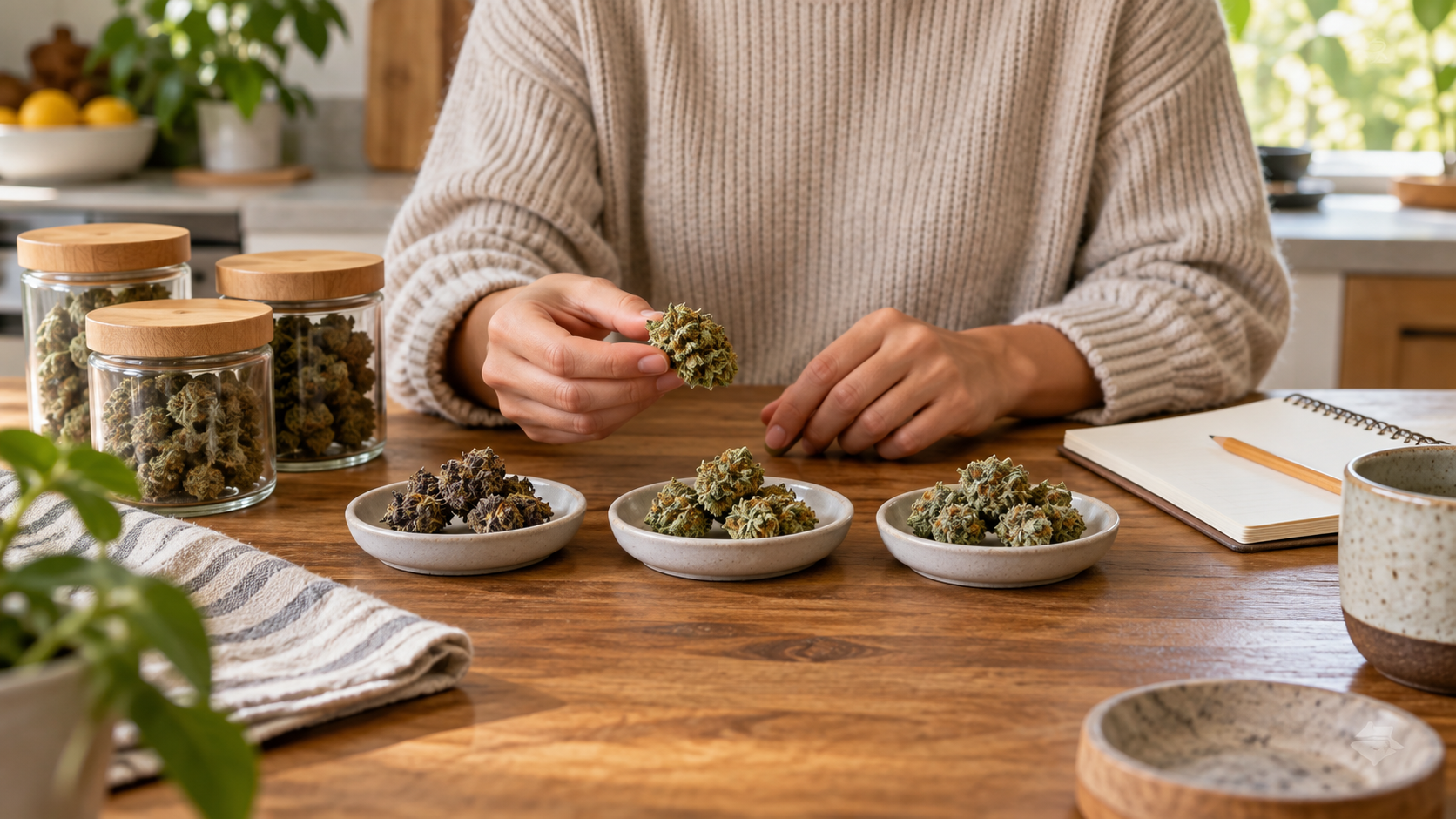 Adult shopper compares three cannabis flower samples at a kitchen table.