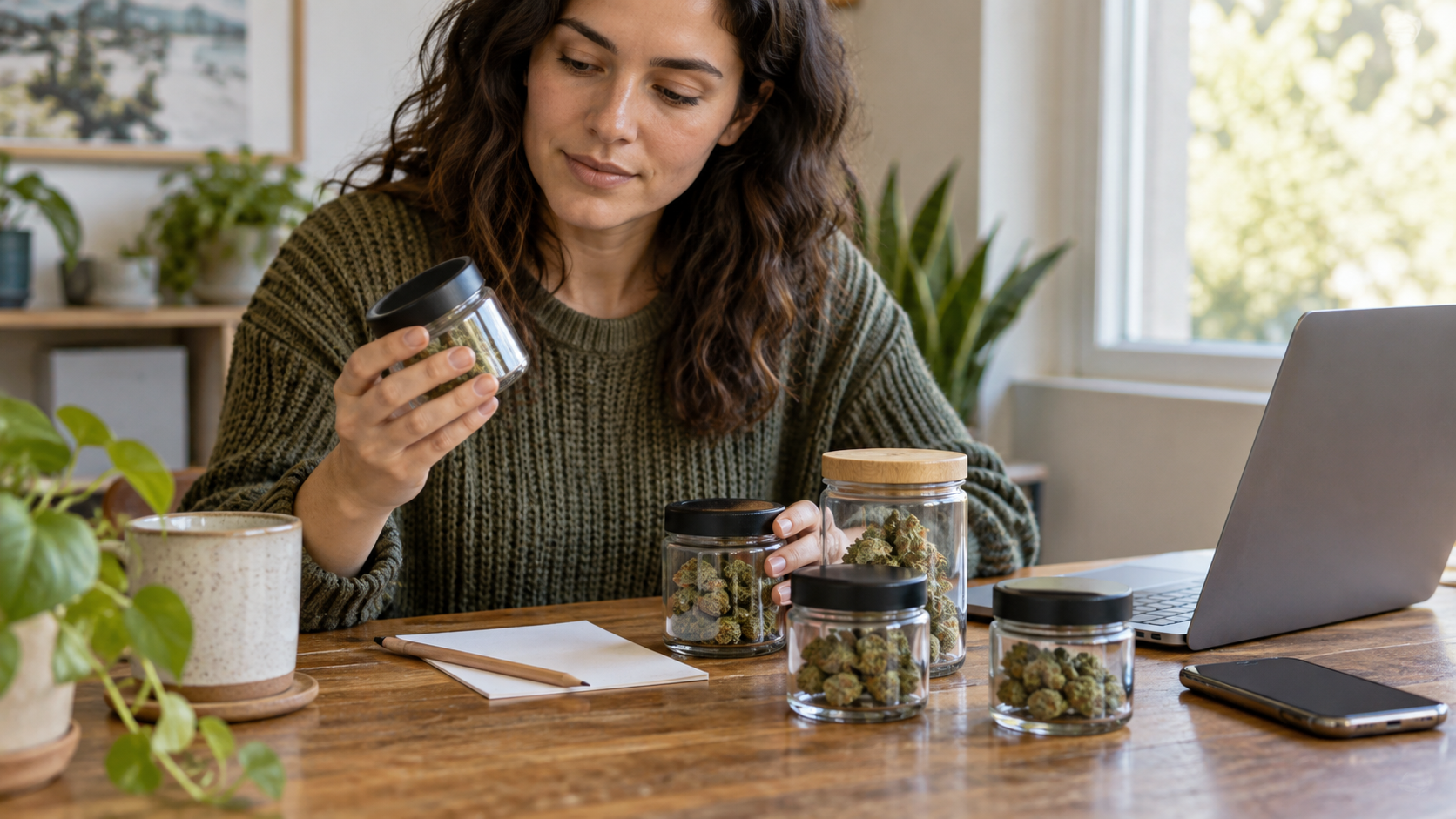 Adult shopper reviews unlabeled cannabis jars beside a laptop and blank notes.