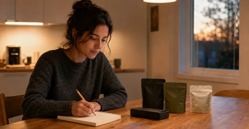 Adult shopper makes notes while comparing three discreet delivery packages at a kitchen table.
