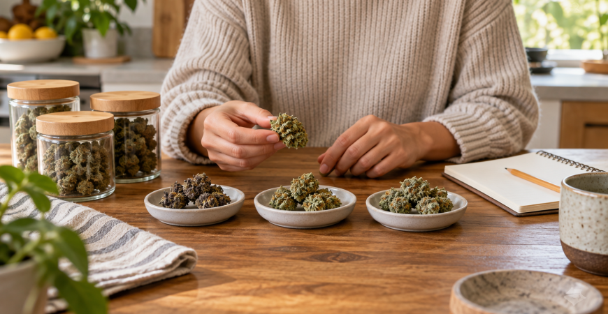 Adult shopper compares three cannabis flower samples at a kitchen table.